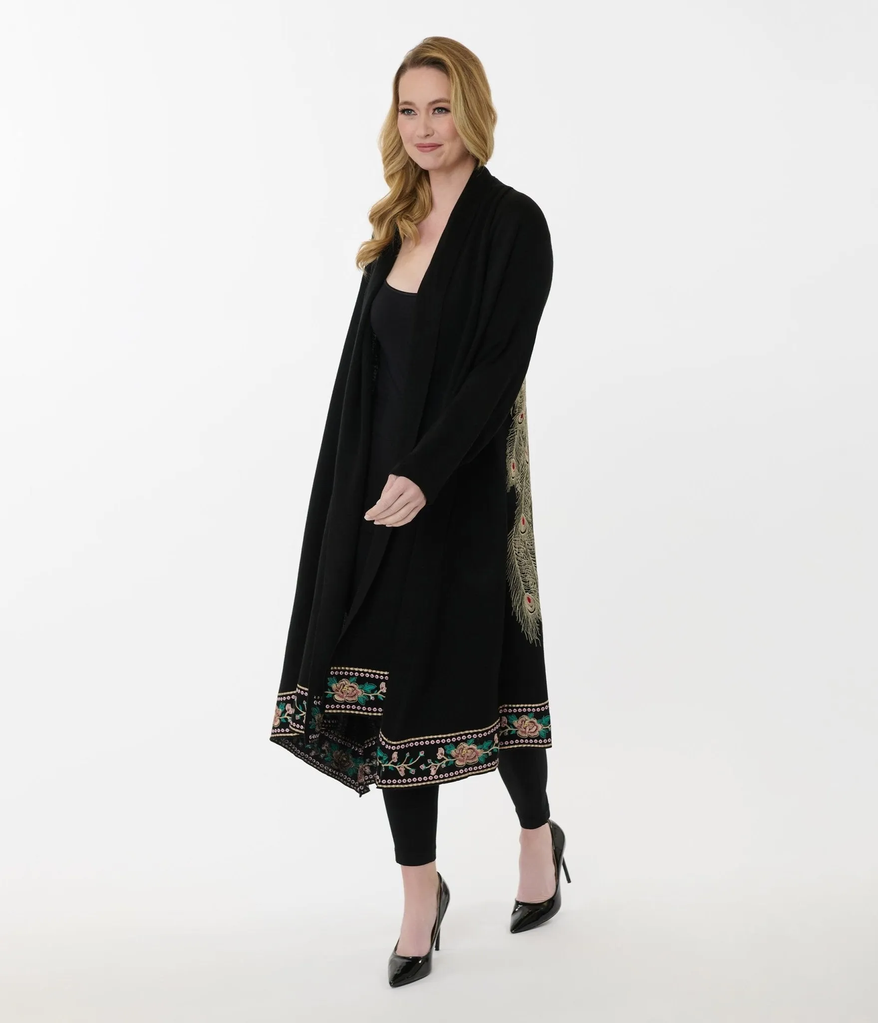 1920s Black Peacock & Roses Embroidered Knit Scarf Coat