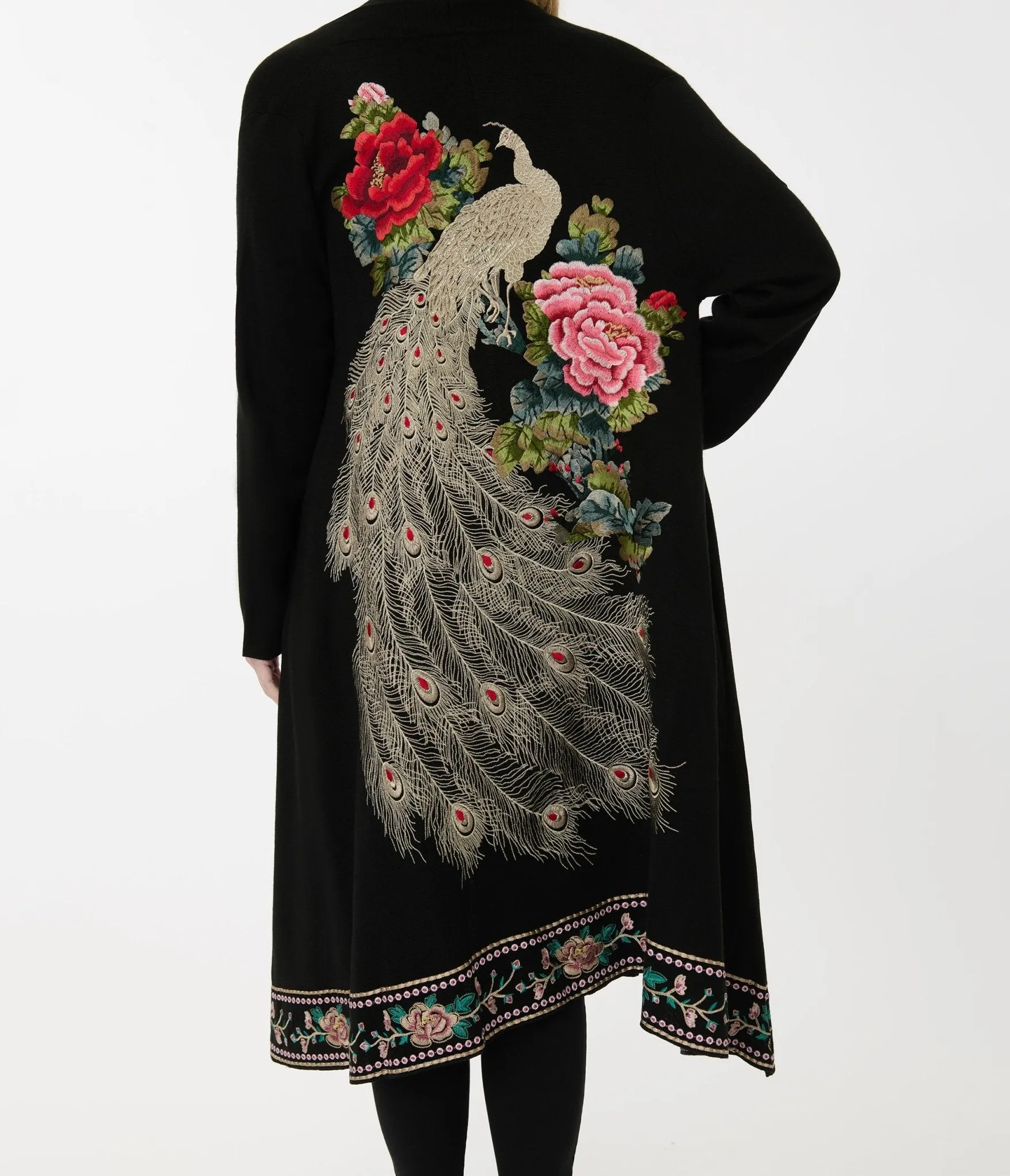1920s Black Peacock & Roses Embroidered Knit Scarf Coat