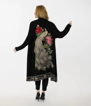 1920s Black Peacock & Roses Embroidered Knit Scarf Coat