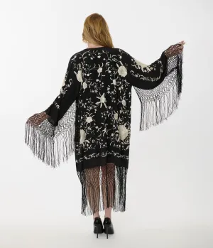 1920s Black Silk & Cream Floral Embroidered Fringe Scarf Coat