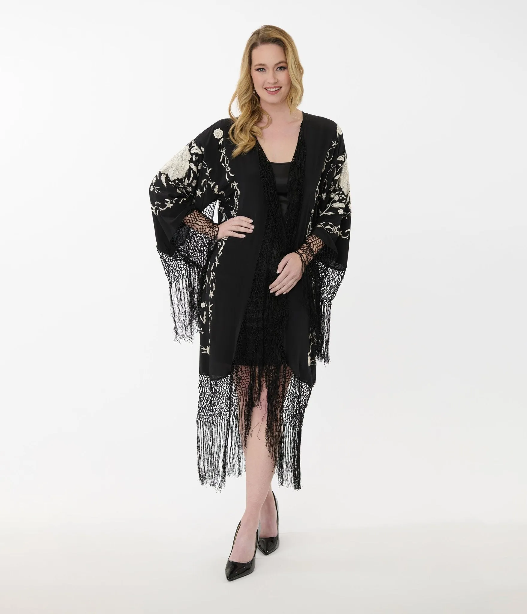 1920s Black Silk & Cream Floral Embroidered Fringe Scarf Coat