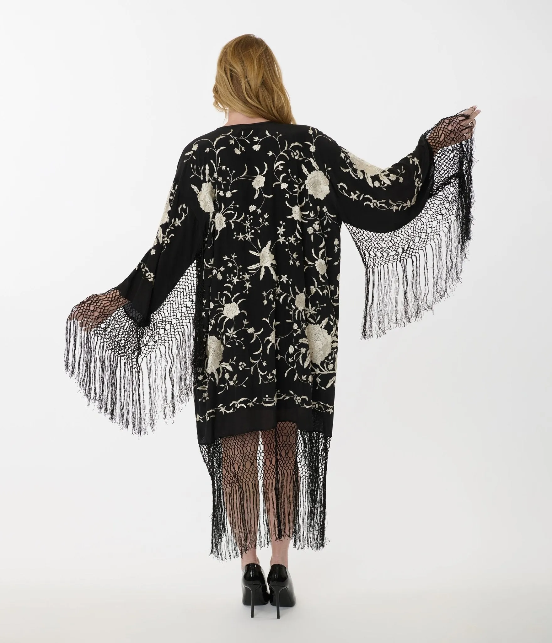 1920s Black Silk & Cream Floral Embroidered Fringe Scarf Coat