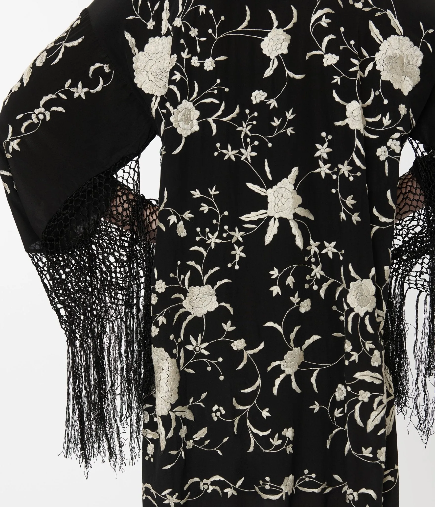 1920s Black Silk & Cream Floral Embroidered Fringe Scarf Coat