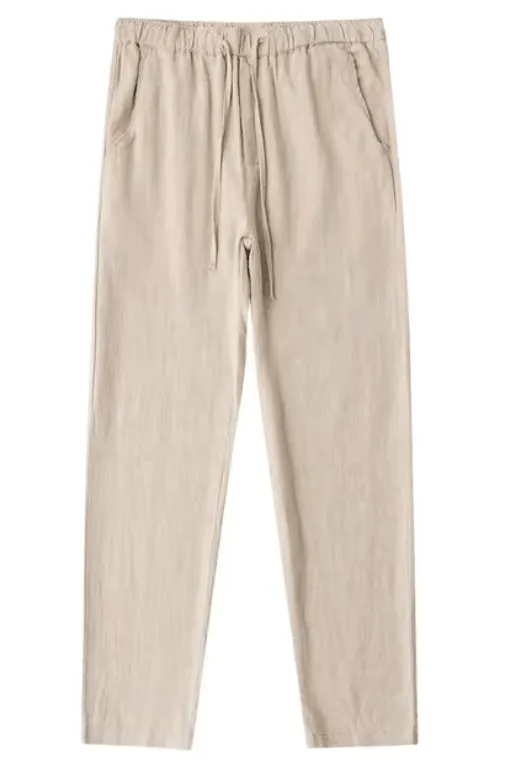 2025 Summer Linen Cotton Loose-Fit Trousers – Breathable Straight-Leg Drawstring Pants in Solid White