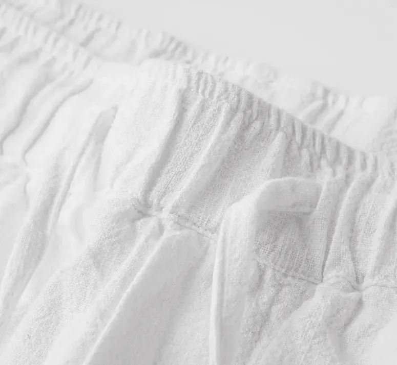 2025 Summer Linen Cotton Loose-Fit Trousers – Breathable Straight-Leg Drawstring Pants in Solid White