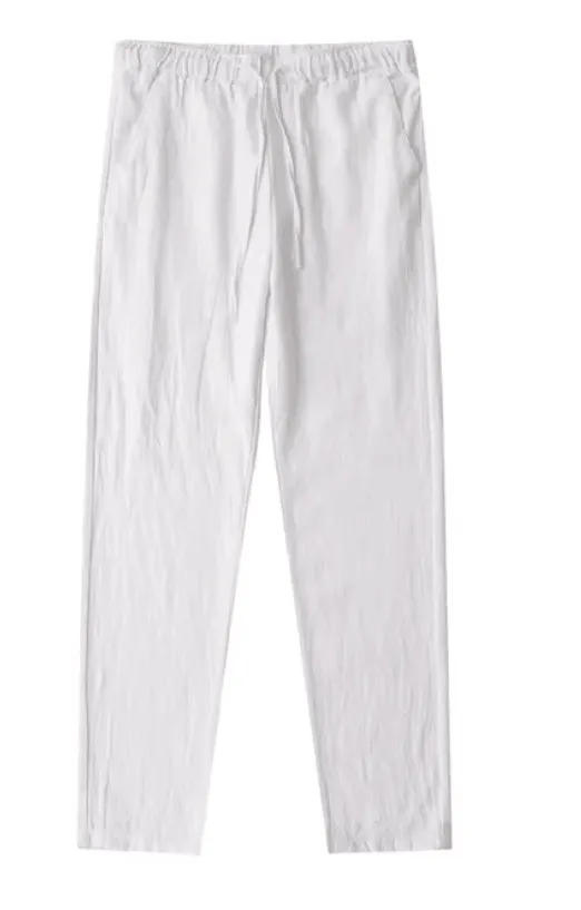 2025 Summer Linen Cotton Loose-Fit Trousers – Breathable Straight-Leg Drawstring Pants in Solid White