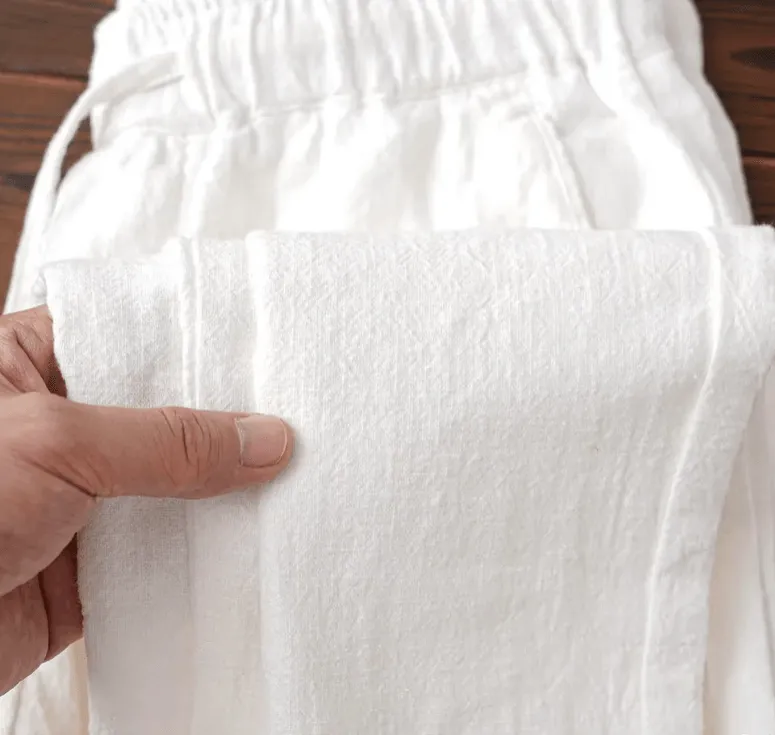 2025 Summer Linen Cotton Loose-Fit Trousers – Breathable Straight-Leg Drawstring Pants in Solid White