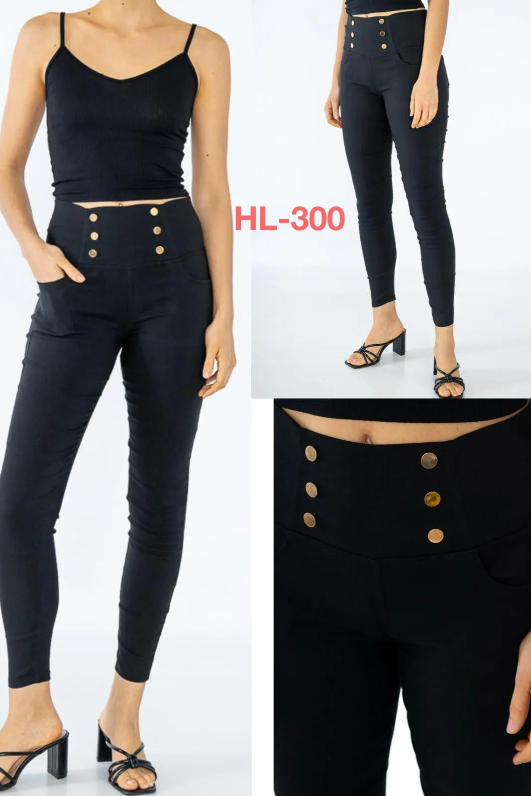 (3P. PACK) High Waist Gold Button Stretch Trousers