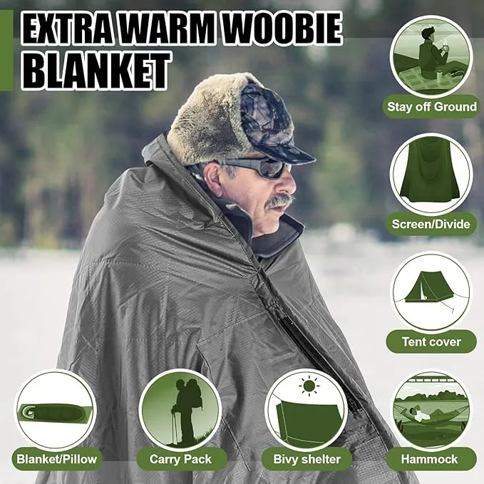 59" x 79" Woobie Blanket Camping Blanket with Sherpa Lining Large Military Blanket Waterproof Warm Outdoor Blanket for Camping, Hunting, Sporting Events, Picnic, Hiking(Black,1 Pc)