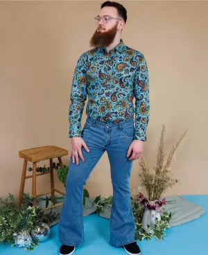 70's Blue Denim Paisley Print Bell Bottom Flares Jeans by Run and Fly