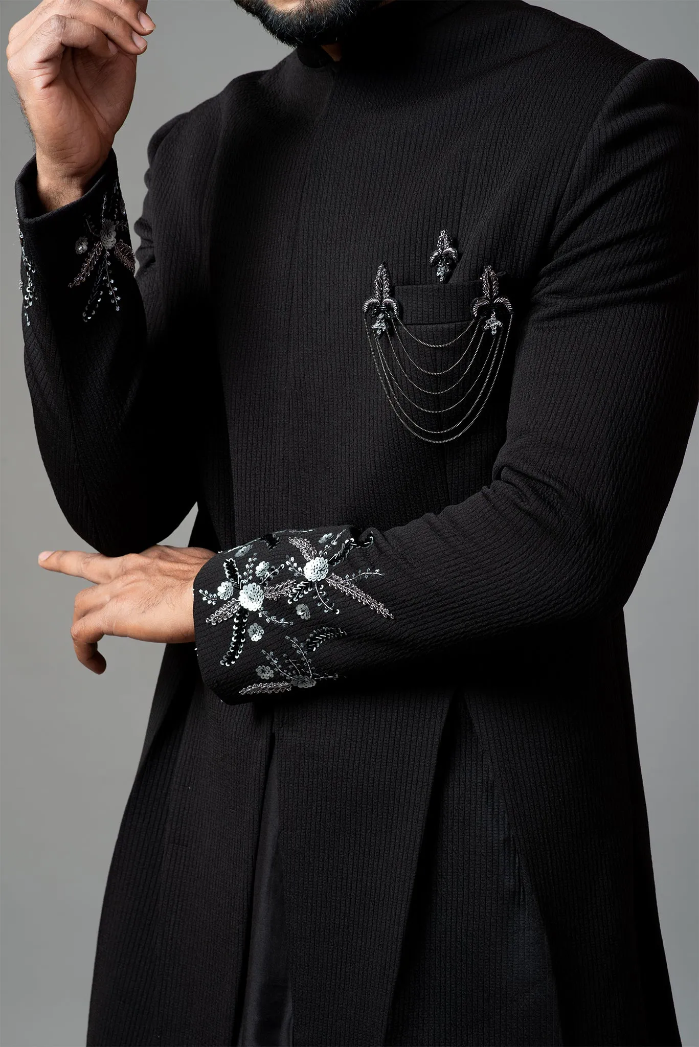 Achkan With Slight Embroidery on Sleeves Comes With Anarkali Kurta Set