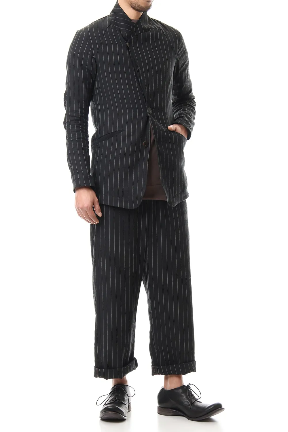 Baggy cropped pants Linen viscose stripe Black
