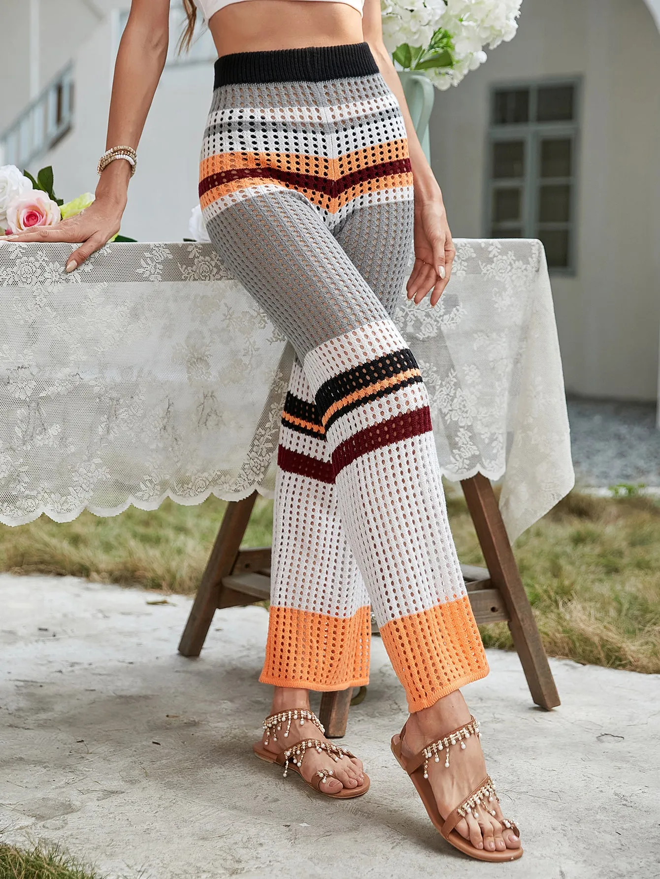BEE CROCHET WIDE LEG PANTS - GREY