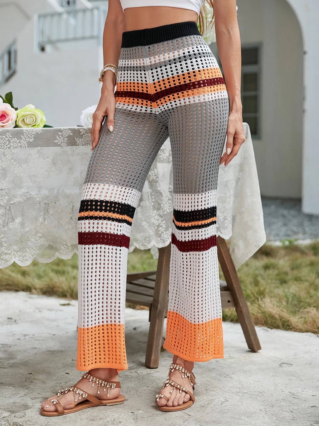 BEE CROCHET WIDE LEG PANTS - GREY