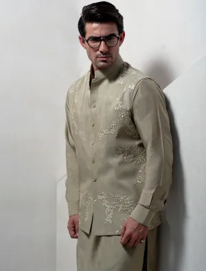 BEIGE RAWSILK FRONT EMBROIDERED WAISTCOAT