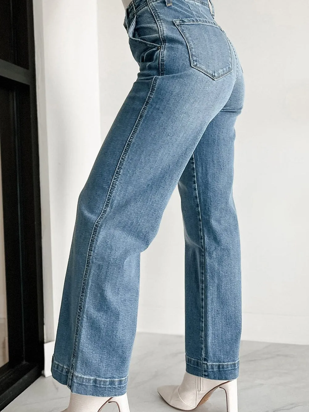 Blue Dusk Loose Leg High Waist Denim Jeans with Multi Buttons