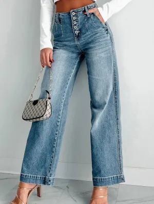 Blue Dusk Loose Leg High Waist Denim Jeans with Multi Buttons