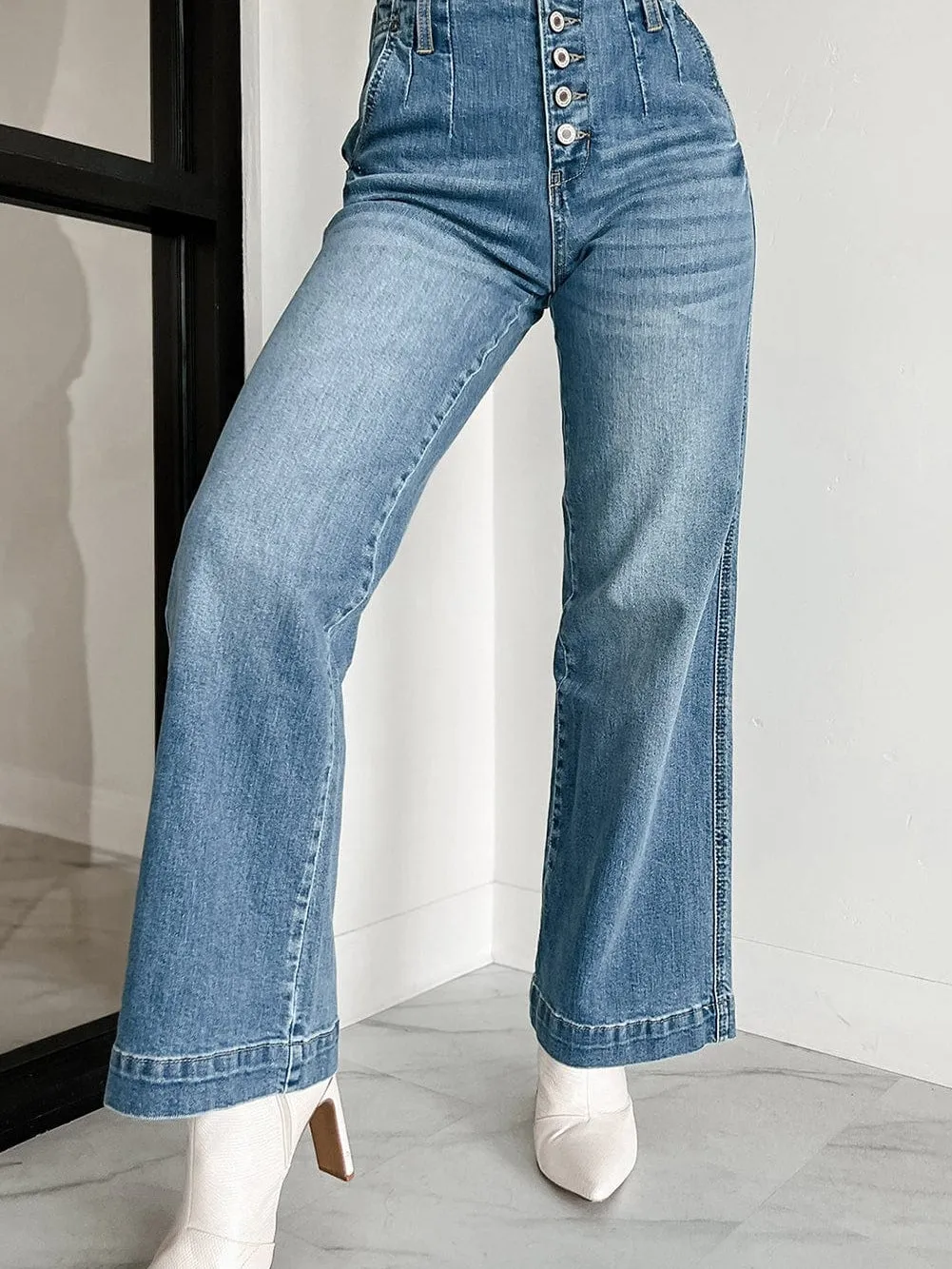 Blue Dusk Loose Leg High Waist Denim Jeans with Multi Buttons