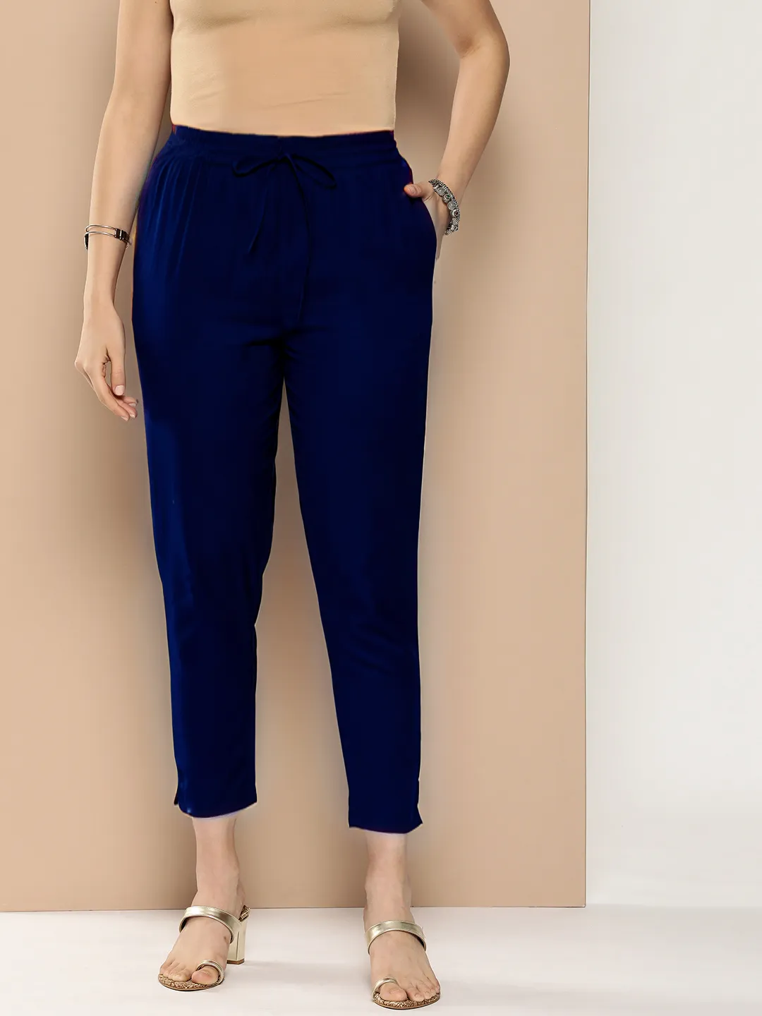 Blue Solid Pleated Cigarette Trousers