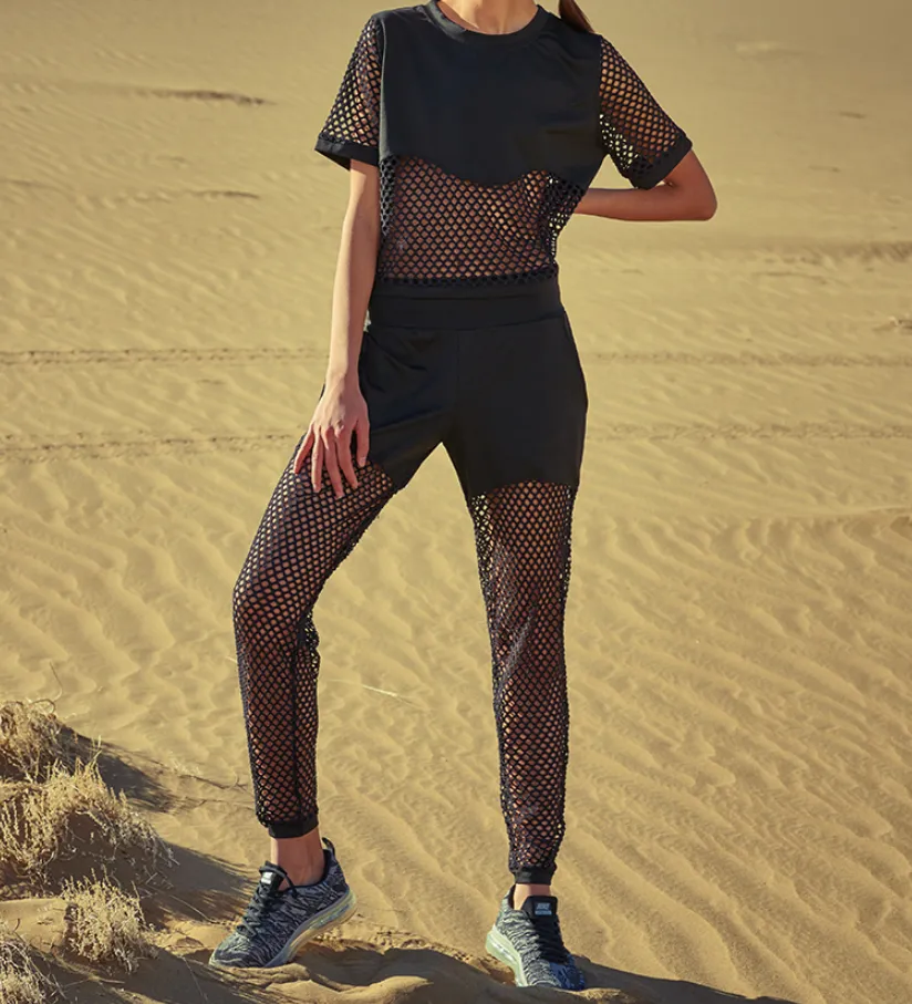 CAGGEEN CHAIN MESH PANEL TRACK PANTS IN BLACK
