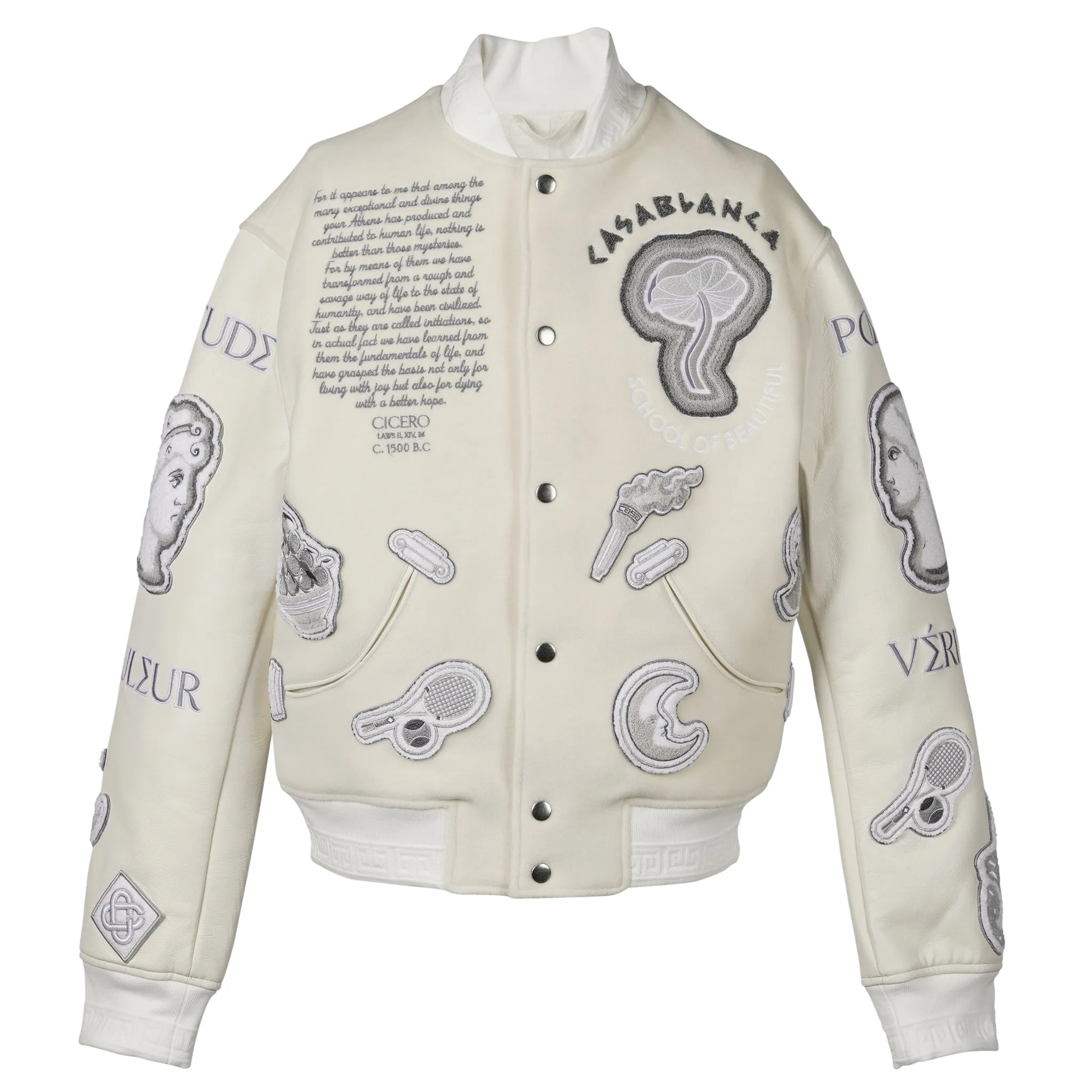 CHENILLE EMBROIDERED PATCHWORK BOMBER JACKET / CSB385:OFF-WHITE