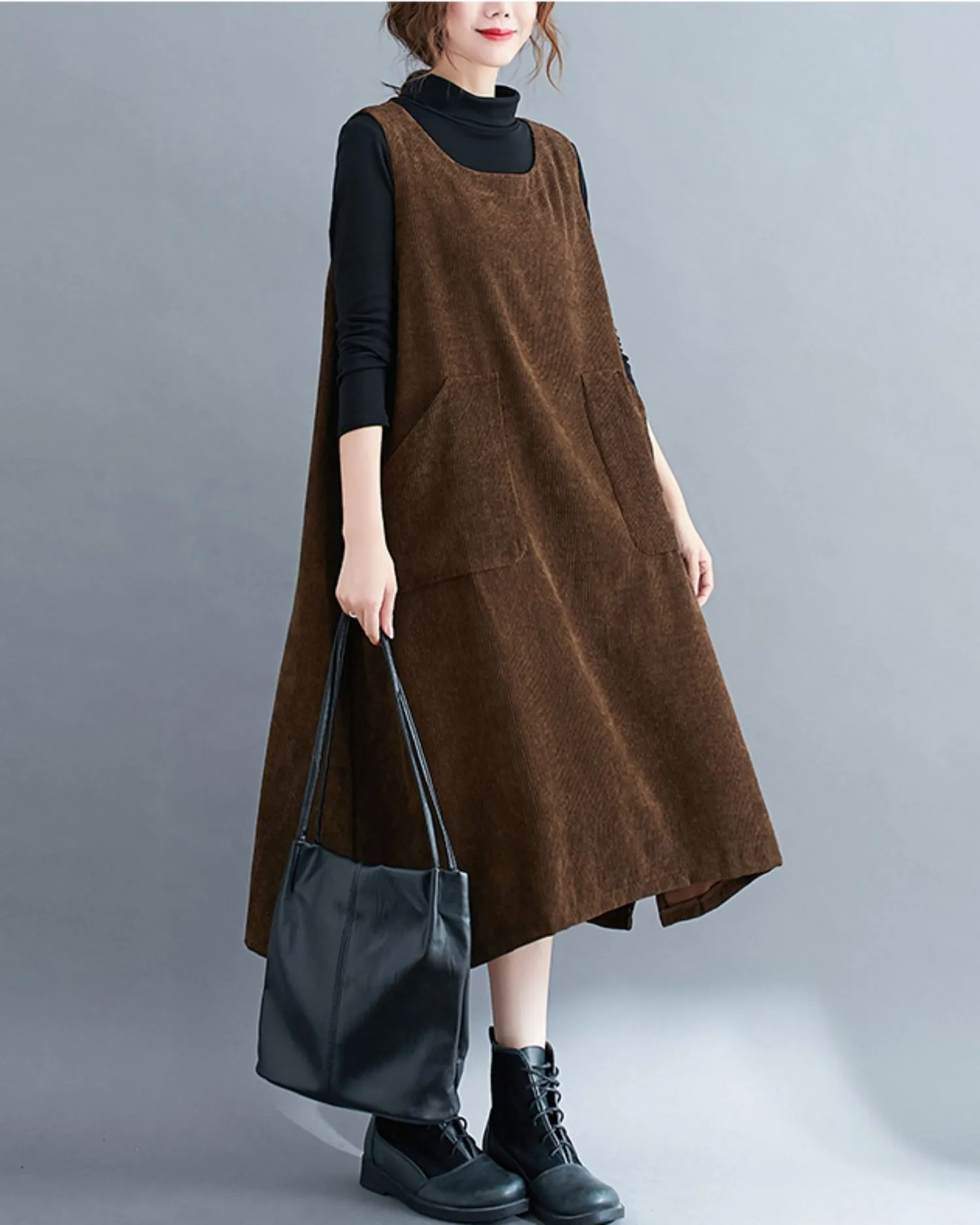 ellazhu Women's Round Neck Overall Corduroy Pinafore Pullover Jumper Dress GZ60