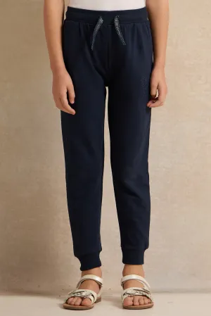Girls Navy Basic Embroidered Track Pants