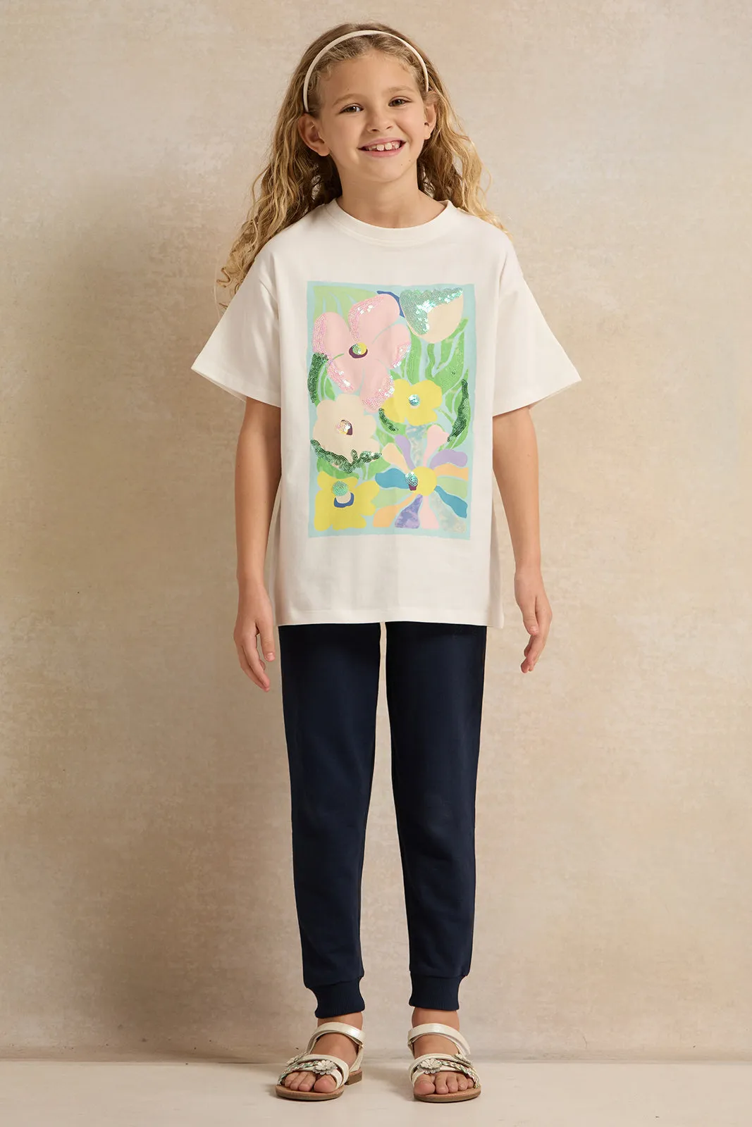 Girls Navy Basic Embroidered Track Pants