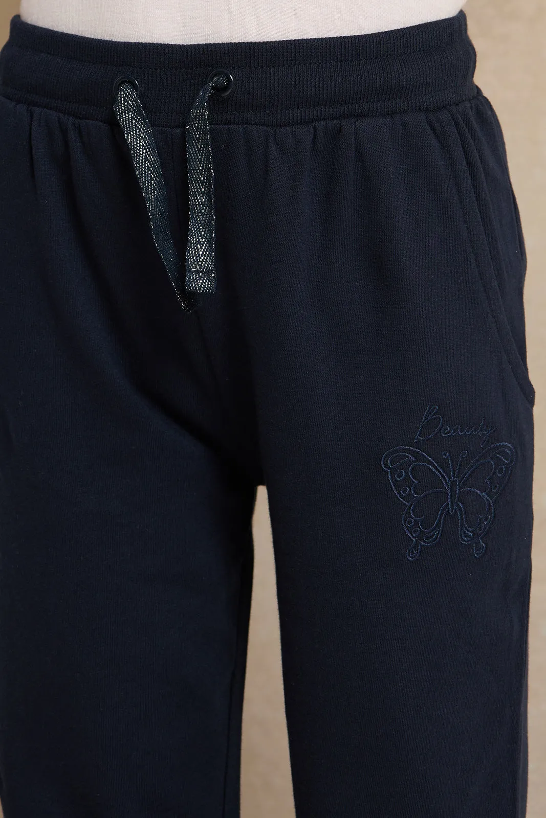 Girls Navy Basic Embroidered Track Pants