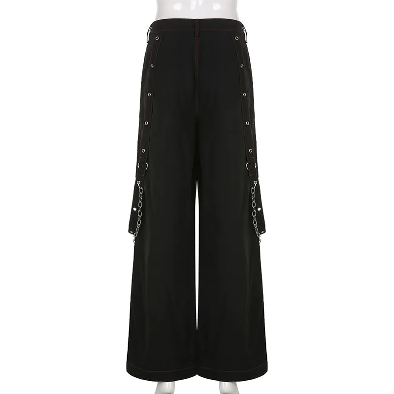 Gothic Chain Bandage Wide Leg Pants Women Oversize Low Rise Dark Academic Trousers Streetwear 90s Baggy Pant Punk Style