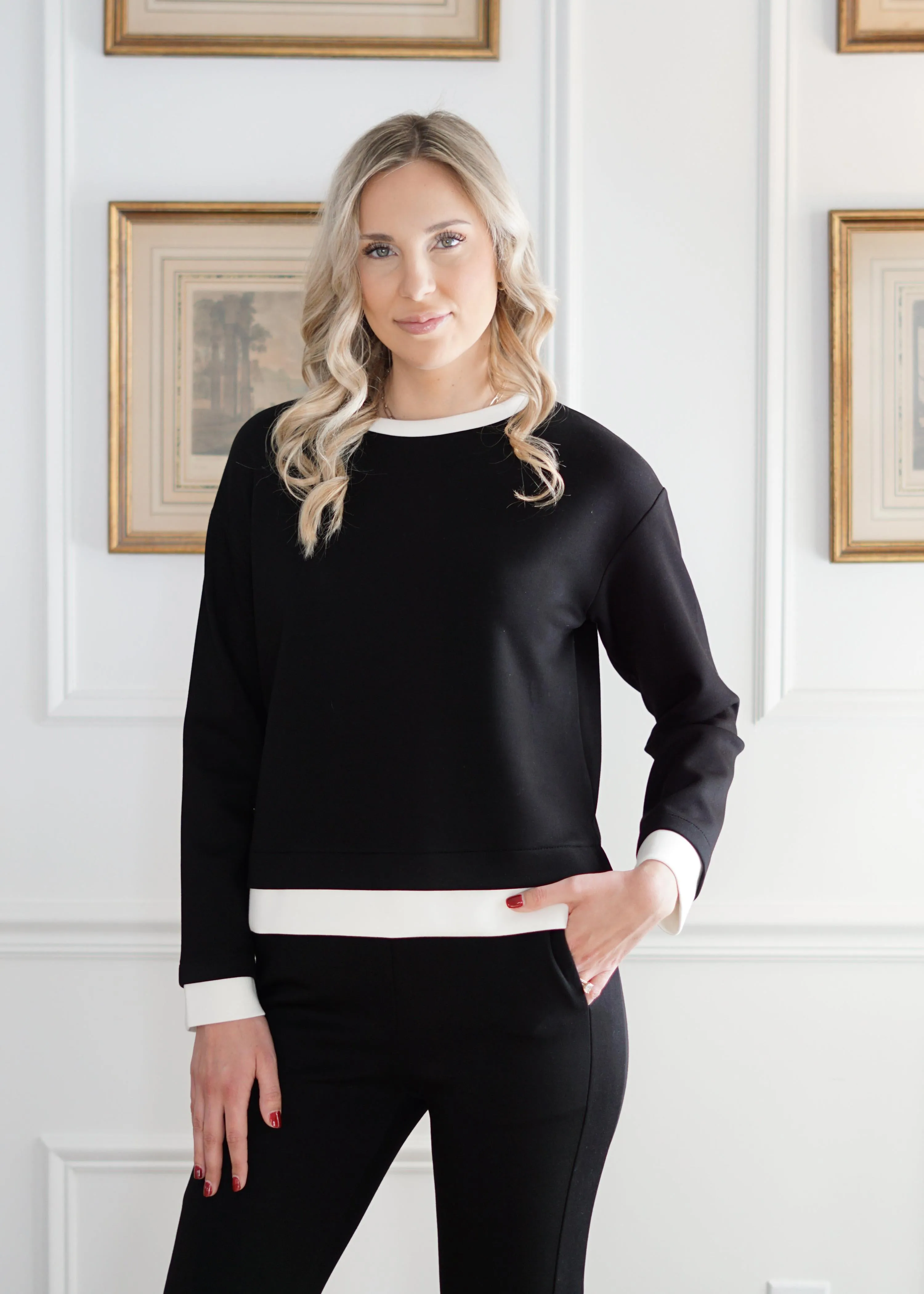 Juliette Butter Modal Contrast Border Top // Black & Ivory