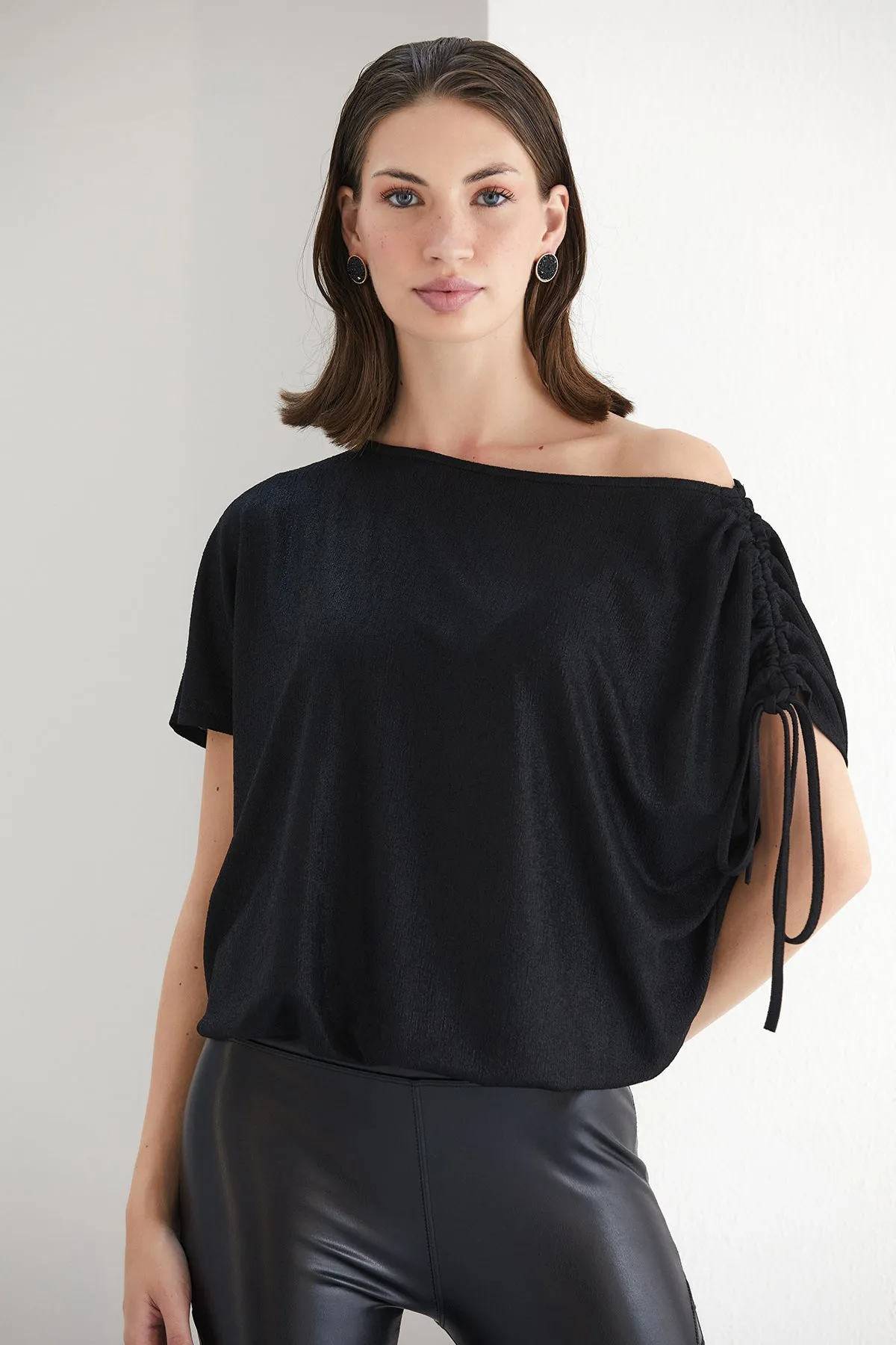 Kara One Shoulder Oversize Shiny Black Top