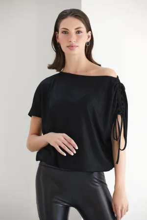 Kara One Shoulder Oversize Shiny Black Top