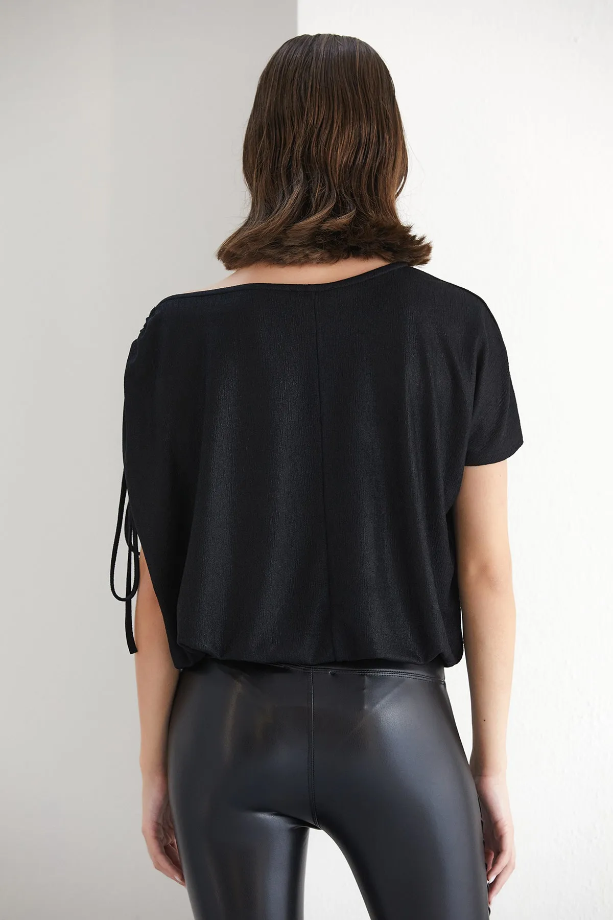 Kara One Shoulder Oversize Shiny Black Top