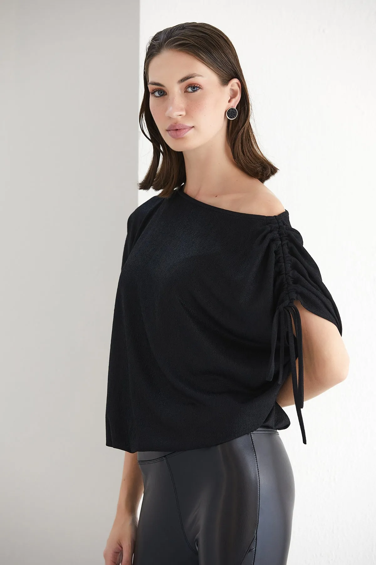 Kara One Shoulder Oversize Shiny Black Top