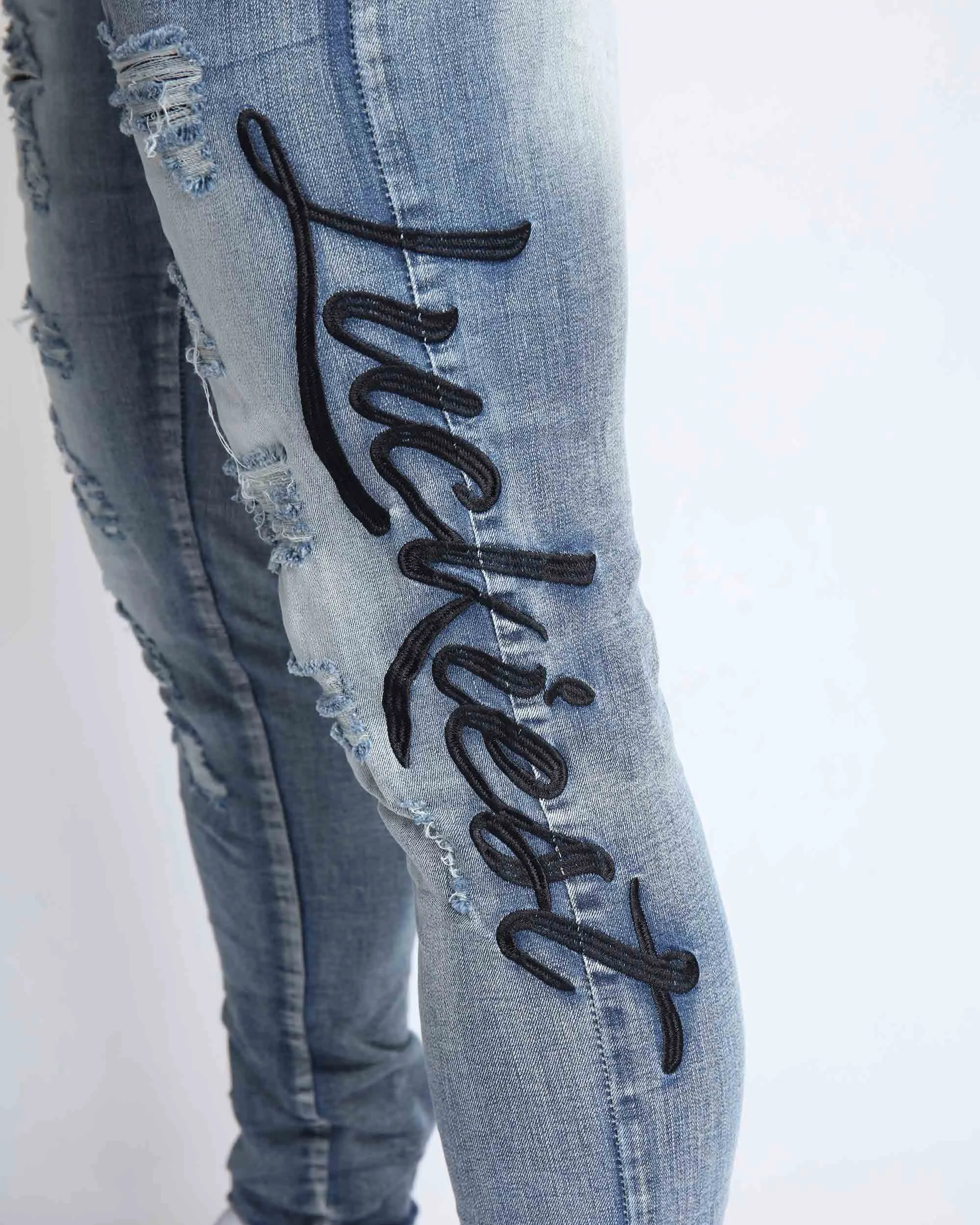 Light Wash Blue Ripped Jeans with Big Letters Embroidered-Mexico Local Delivery