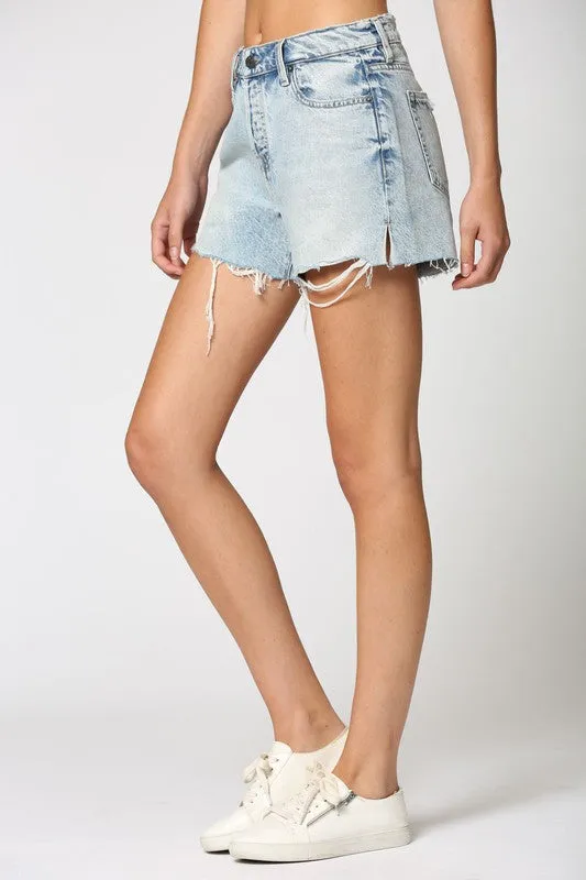 Light Wash Side Slit Mom Jean Shorts