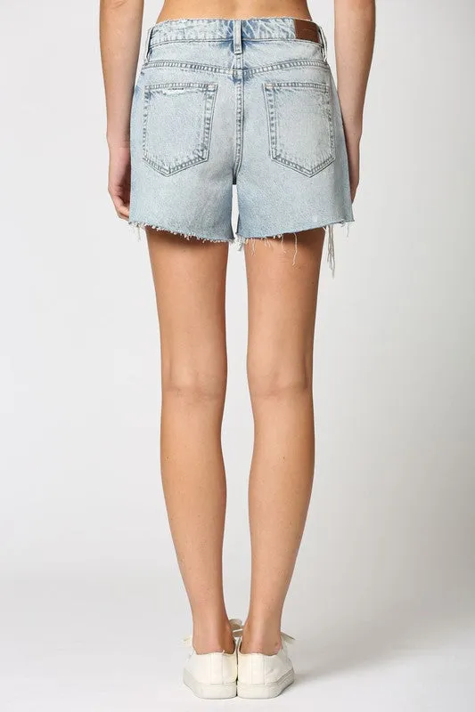 Light Wash Side Slit Mom Jean Shorts