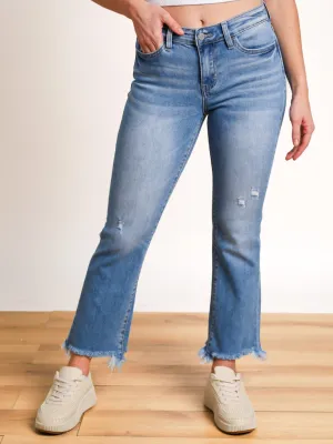 Mari Mid Rise Frayed Bootcut Ankle Jeans- Final Sale