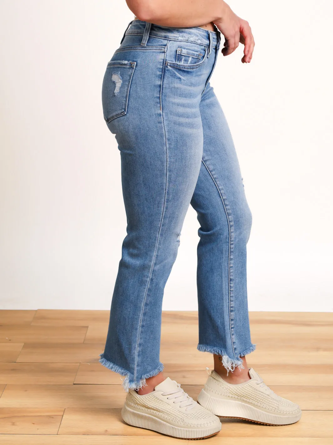 Mari Mid Rise Frayed Bootcut Ankle Jeans- Final Sale