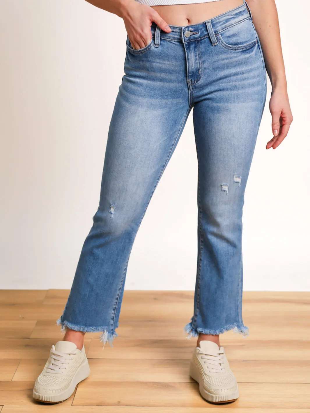 Mari Mid Rise Frayed Bootcut Ankle Jeans- Final Sale