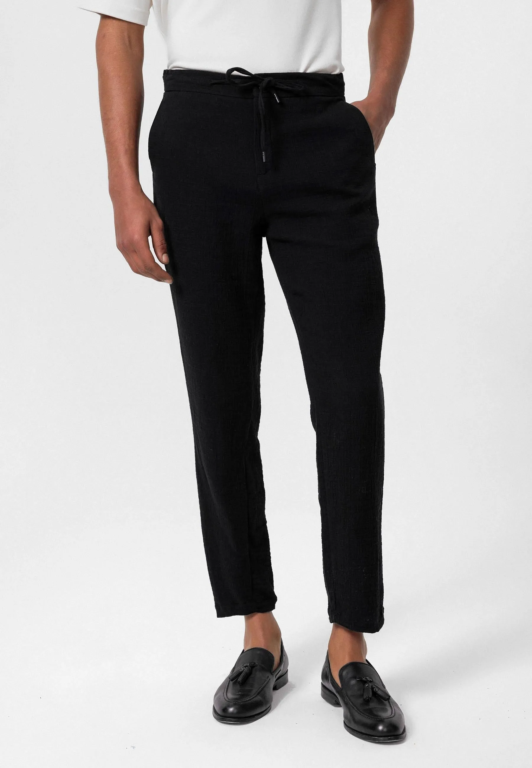 Men's Black Regular Fit Drawstring Pants - Wessi
