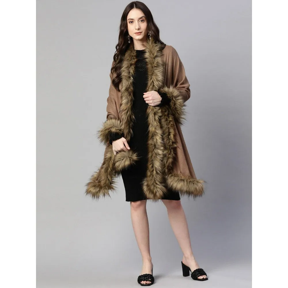 Modarta By Kamakshi Brown Wool Shawl with Fur