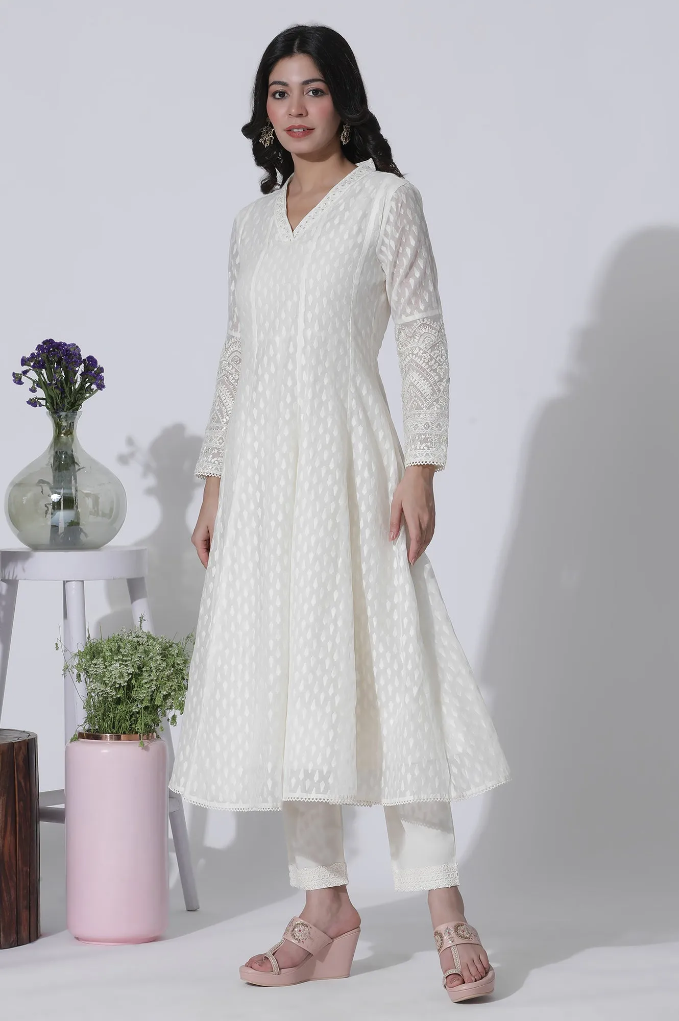 Off-White Cotton Blend Anarkali Embroidered Kurta, Straight Pants and Dupatta Set