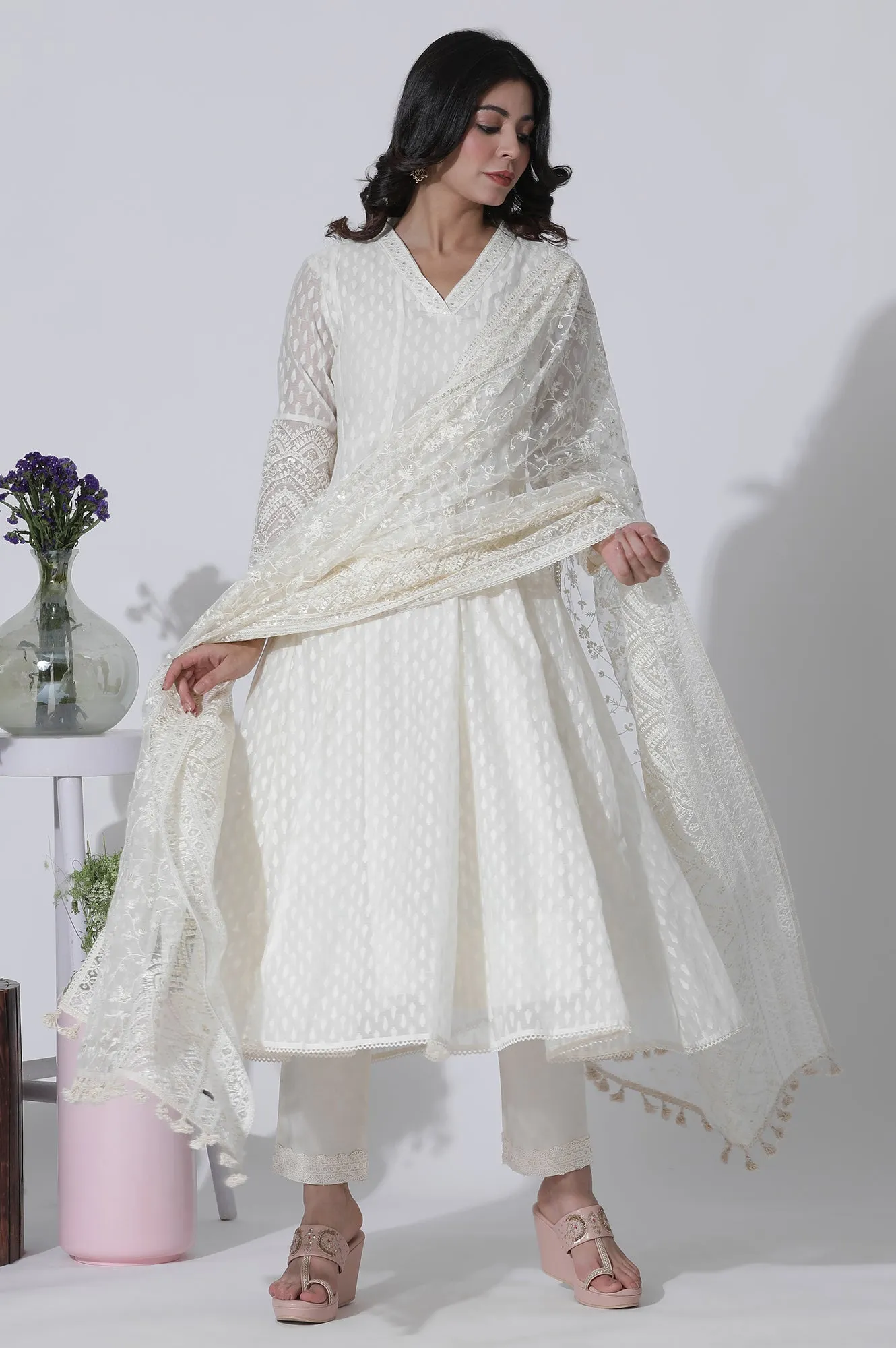 Off-White Cotton Blend Anarkali Embroidered Kurta, Straight Pants and Dupatta Set