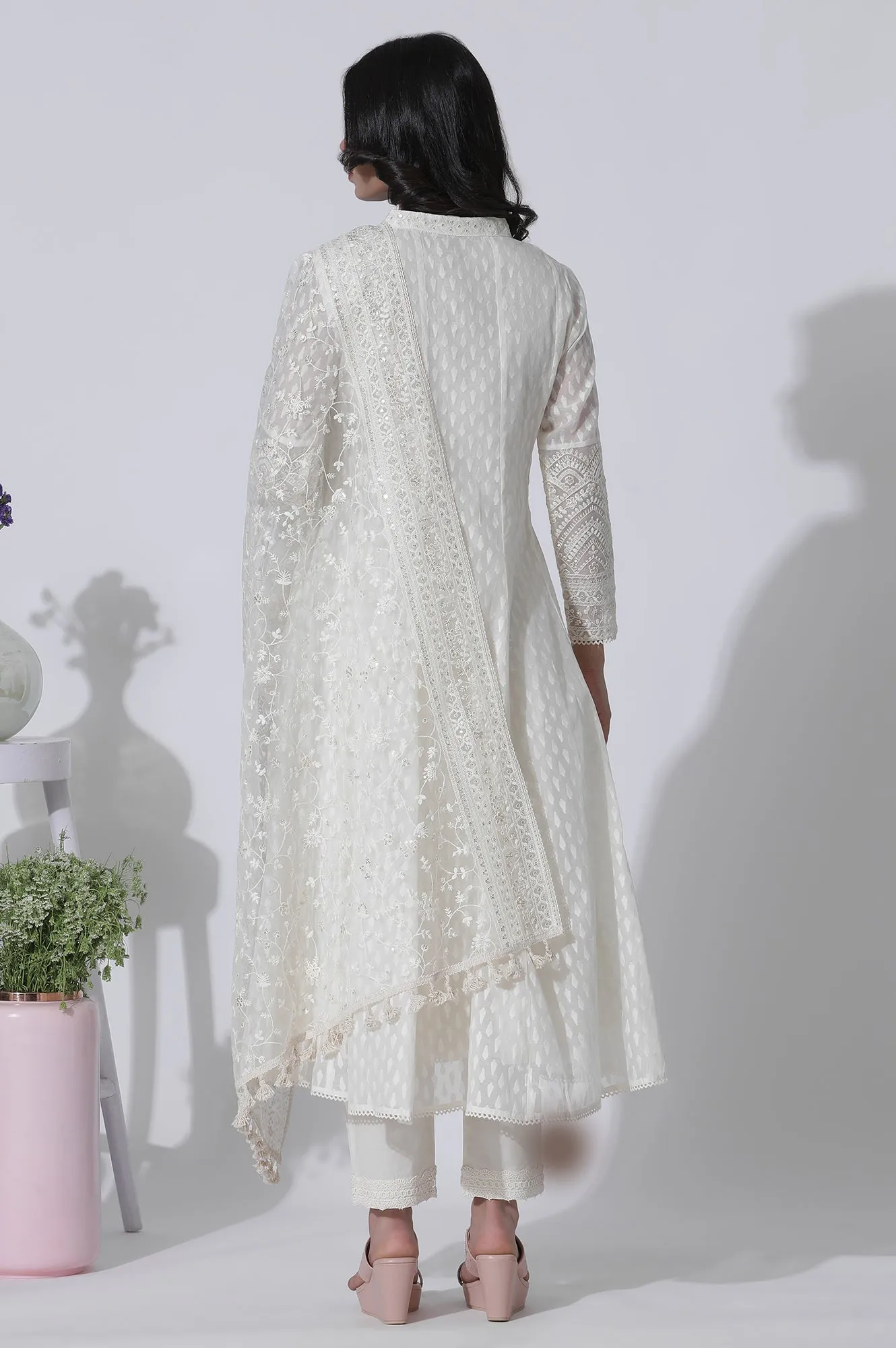 Off-White Cotton Blend Anarkali Embroidered Kurta, Straight Pants and Dupatta Set