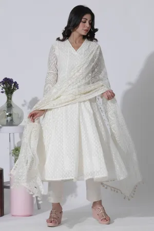 Off-White Cotton Blend Anarkali Embroidered Kurta, Straight Pants and Dupatta Set