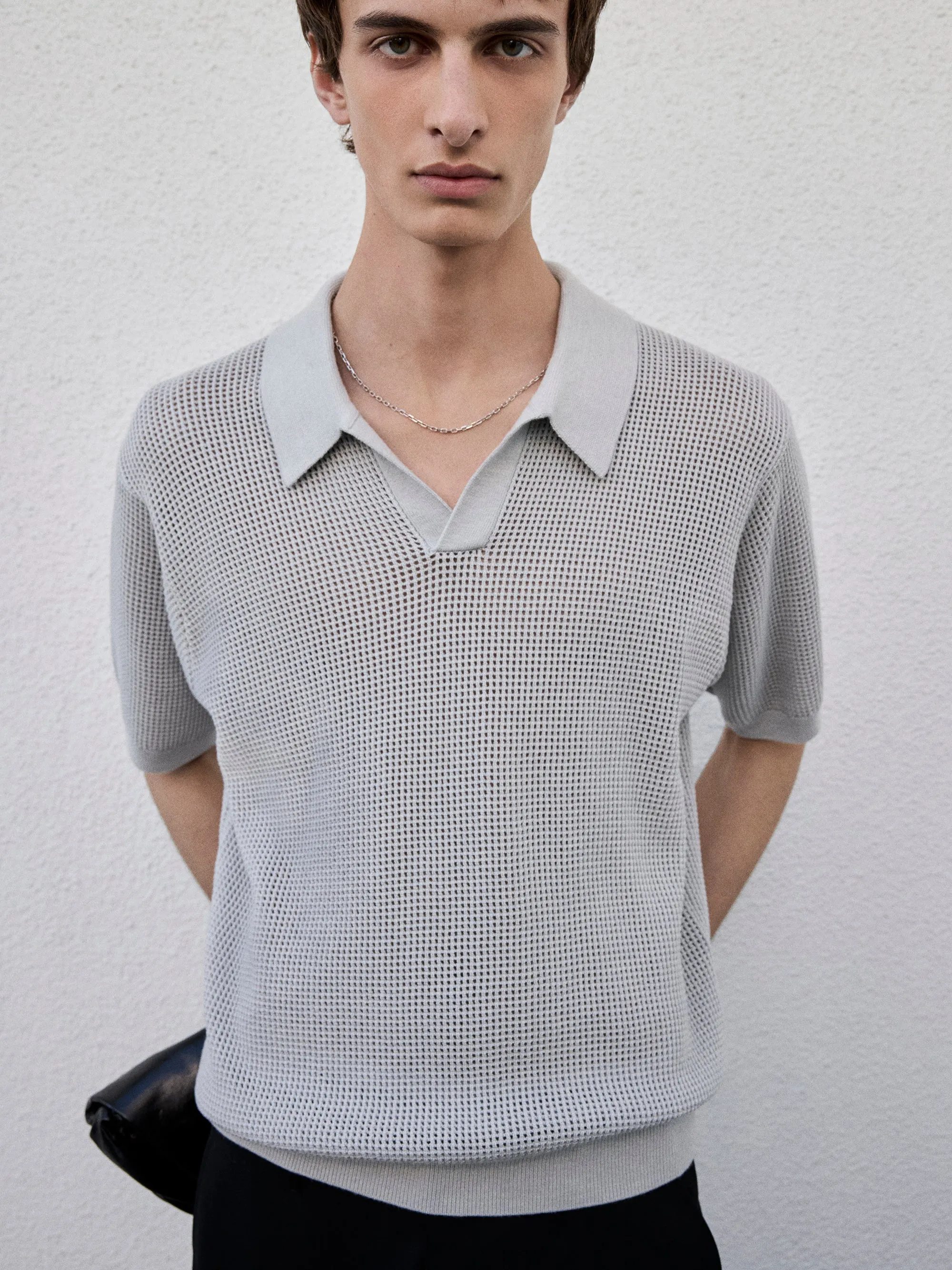 Open Weave Polo Sweater -- Grey Blue