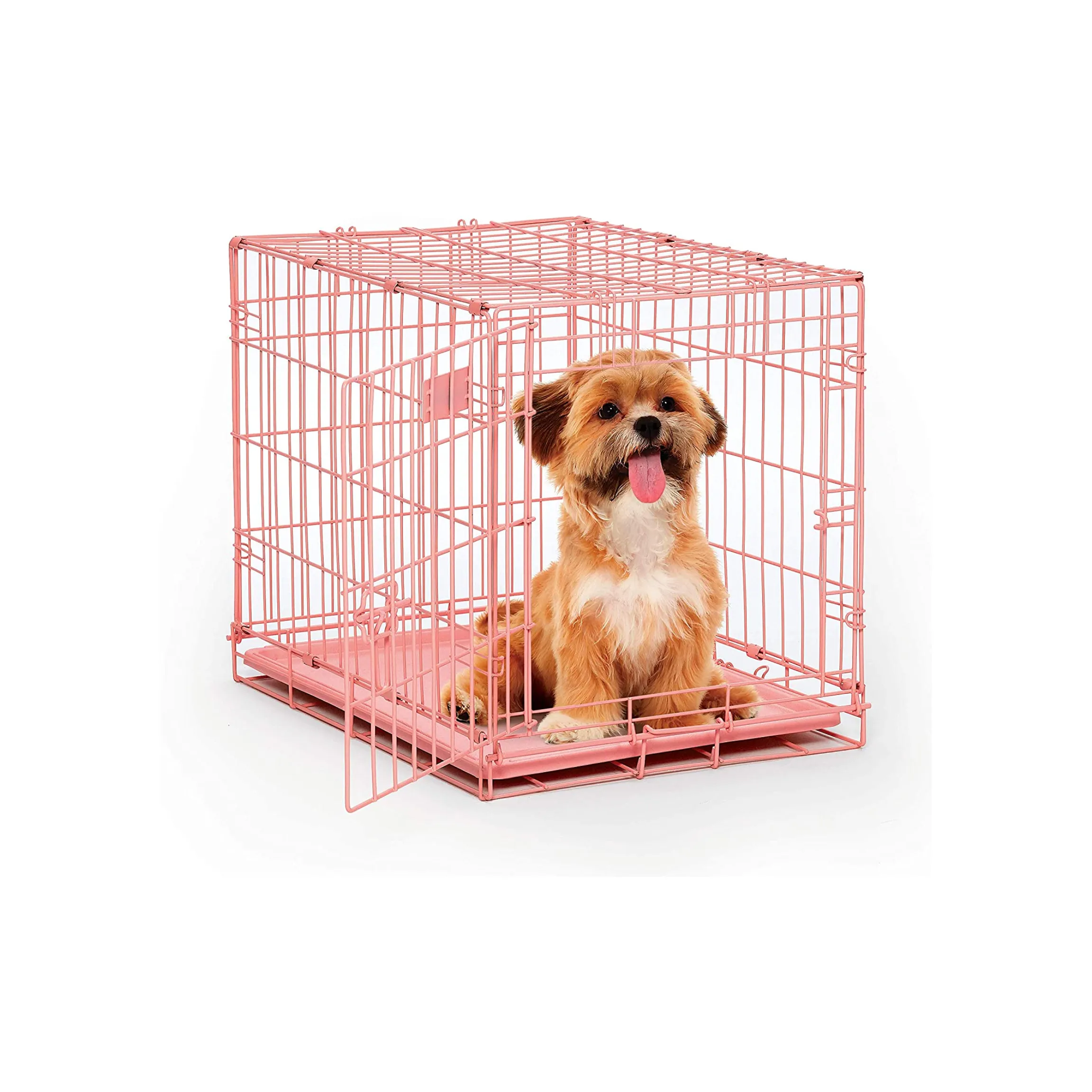 Pink Dog Crate, MidWest iCrate 24 Inch Pink Folding Metal Dog Crate with Divider Panel, Floor Protecting Feet & Leak Proof Dog Tray