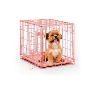 Pink Dog Crate, MidWest iCrate 24 Inch Pink Folding Metal Dog Crate with Divider Panel, Floor Protecting Feet & Leak Proof Dog Tray